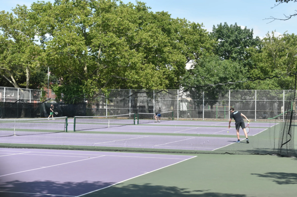 Brooklyn’s Jackie Robinson Park Playground courts were completely renovated in 2023 with new surfacing, nets, and storm-proofing. Credit: Jill Webb